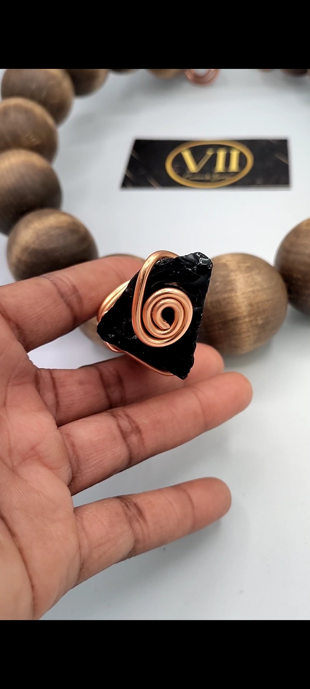 30" Copper Wire & Large Wooden Bead Necklace with Black Obsidian Copper-Wrapped Charm