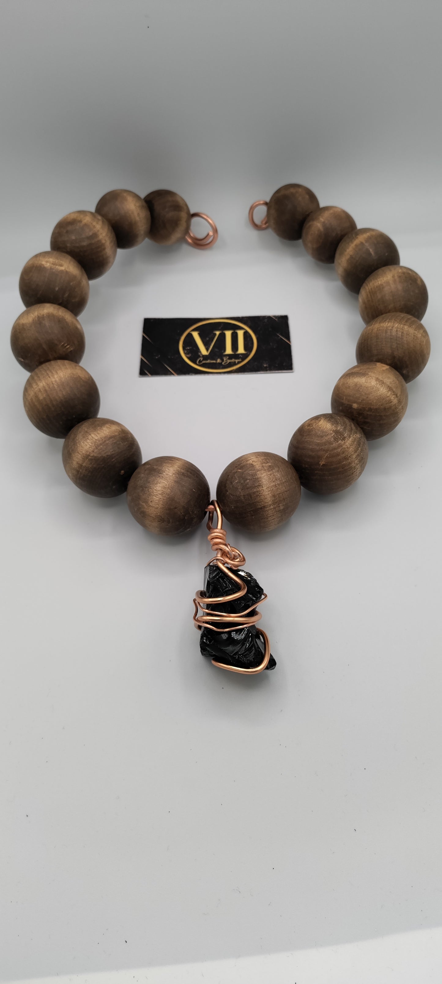 30" Copper Wire & Large Wooden Bead Necklace with Black Obsidian Copper-Wrapped Charm