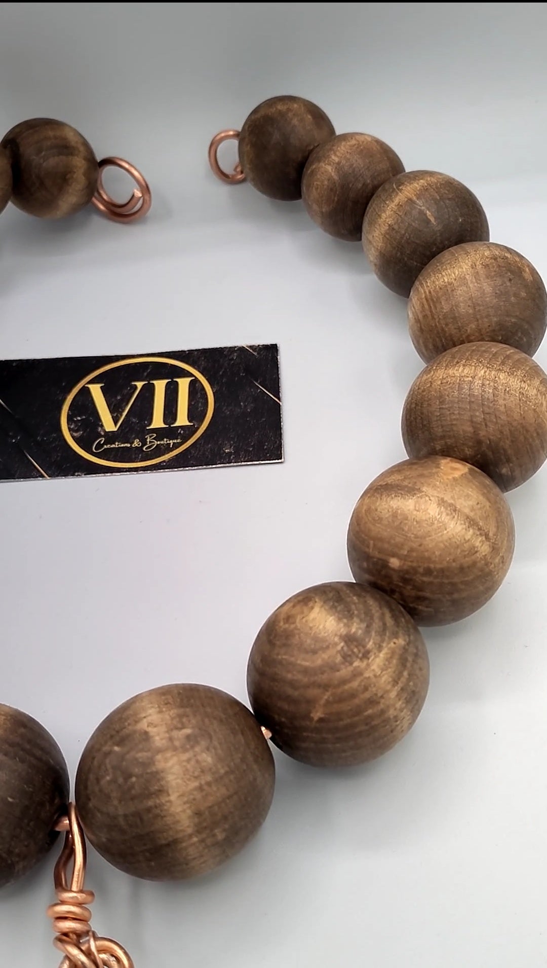 30" Copper Wire & Large Wooden Bead Necklace with Black Obsidian Copper-Wrapped Charm