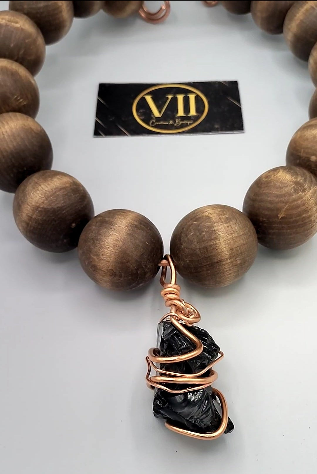 30" Copper Wire & Large Wooden Bead Necklace with Black Obsidian Copper-Wrapped Charm